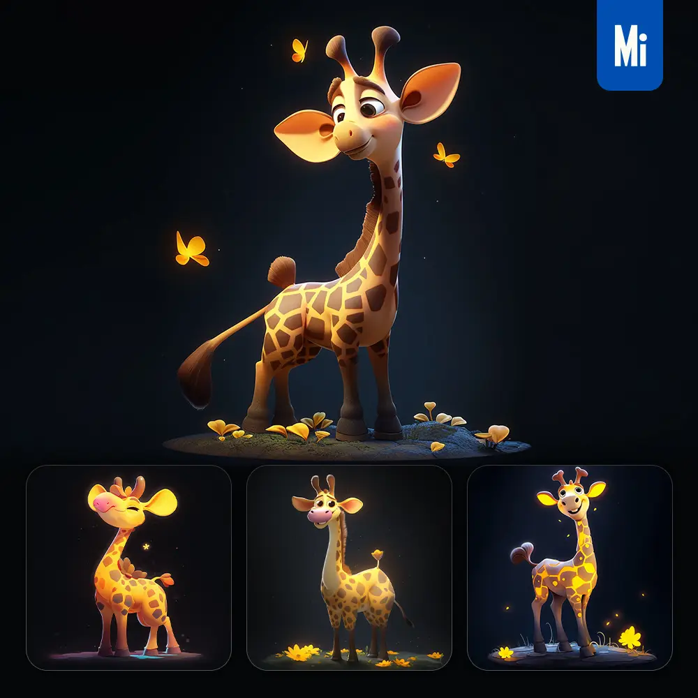 midjourney prompt giraffe cute 3D cartoon IP character C4D animation