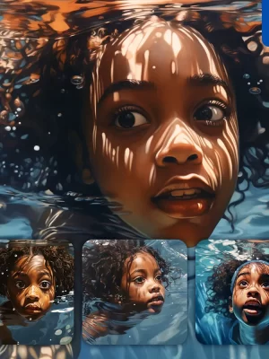 Midjourney Prompt Girl African Kid Children Diving Swimming Underwater Sea Face Oil Painting
