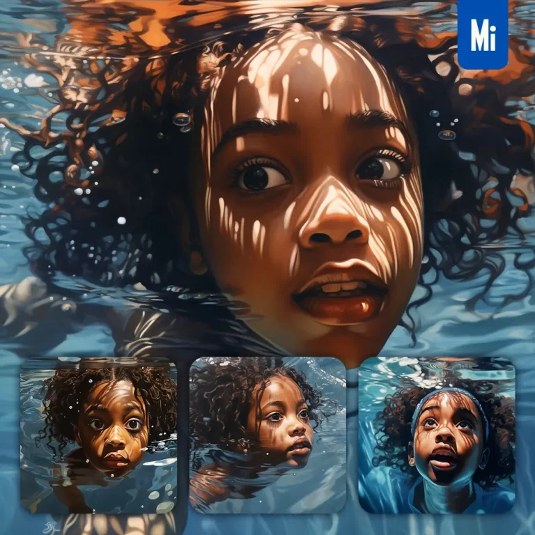 midjourney prompt girl African kid children diving swimming underwater sea face oil painting