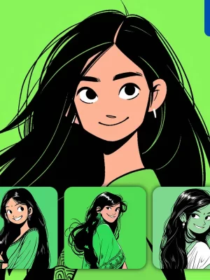 Midjourney Prompt Girl Indian Green Lady Woman Animation Character Portrait Cartoon Illustration