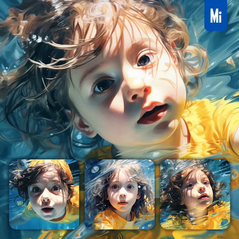 midjourney prompt girl yellow diving swimming underwater sea face oil painting