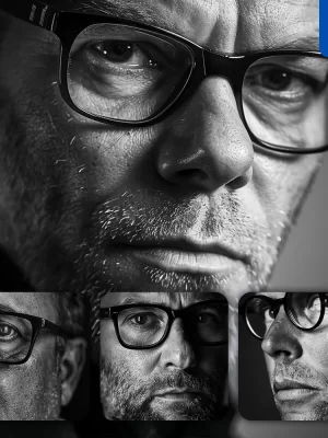 Midjourney Prompt Glasses Male Sir Gentleman Man Face Head Portrait Black And White Photography