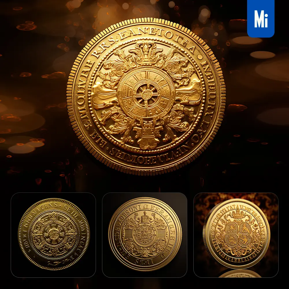 midjourney prompt gold coin light golden sparkling lighting material 3D