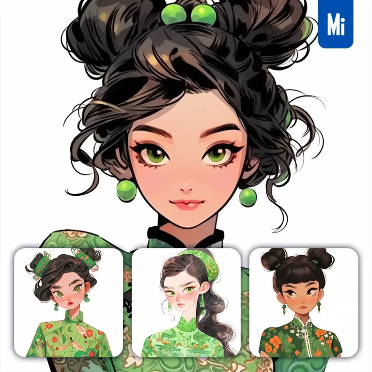 midjourney prompt green Chinese girl woman cheongsam portrait cartoon illustration