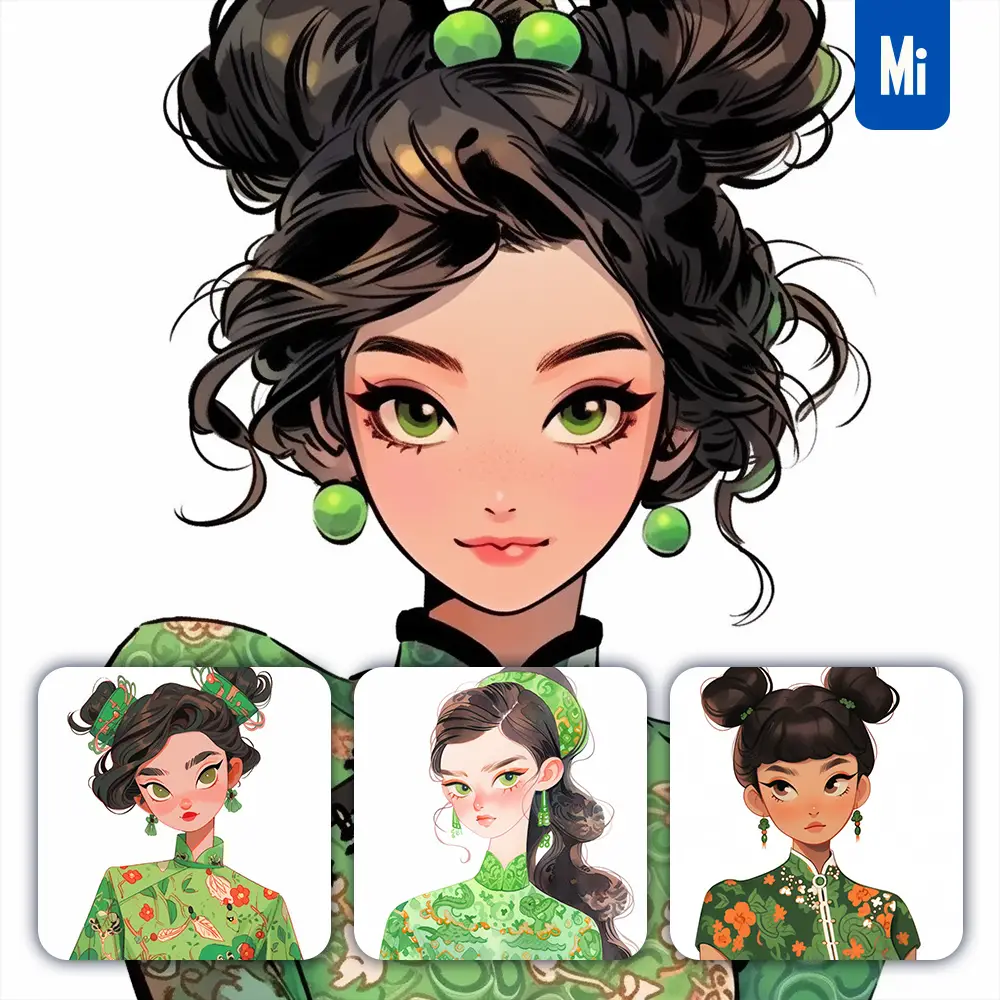 Midjourney Prompt Green Chinese Girl Woman Cheongsam Portrait Cartoon Illustration
