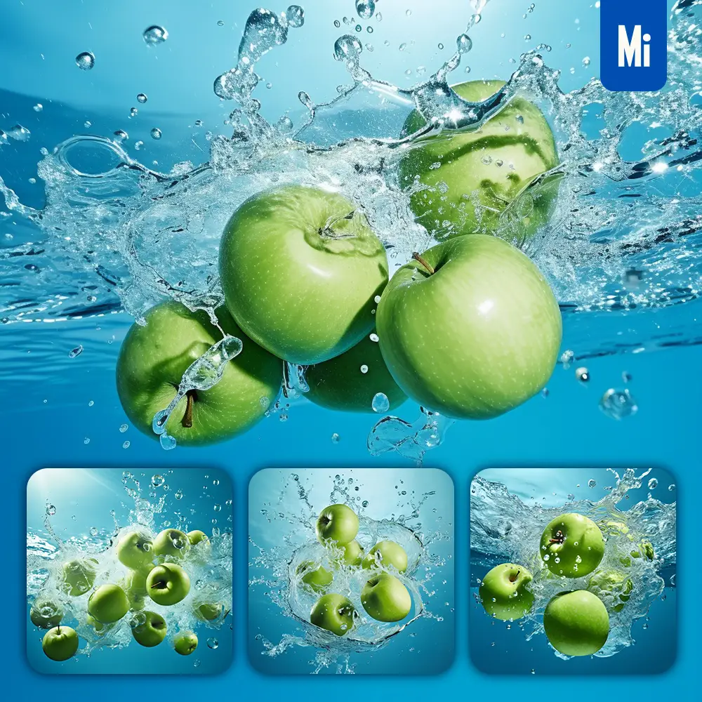 midjourney prompt green apples underwater splash water spray photography