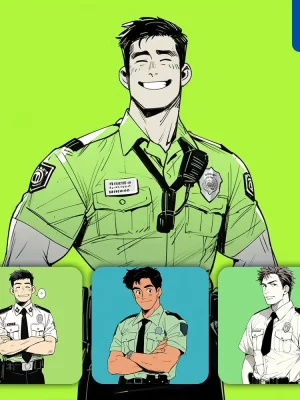 Midjourney Prompt Green Policeman Male Police Officer Boy Sir Man Animation Character Portrait Cartoon Illustration