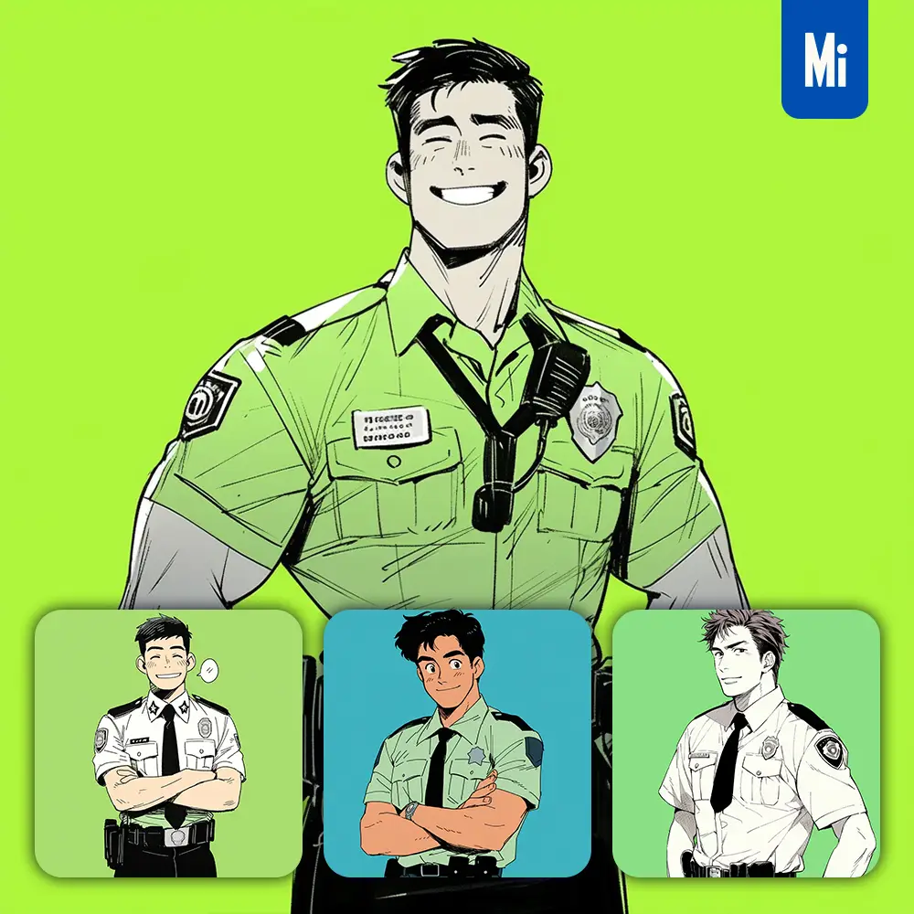 midjourney prompt green policeman male police officer boy sir man animation character portrait cartoon illustration