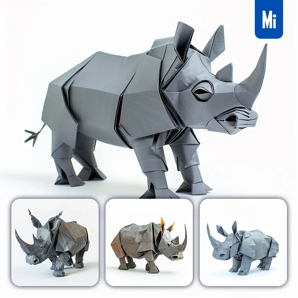 midjourney prompt grey rhinoceros paper folding origami art