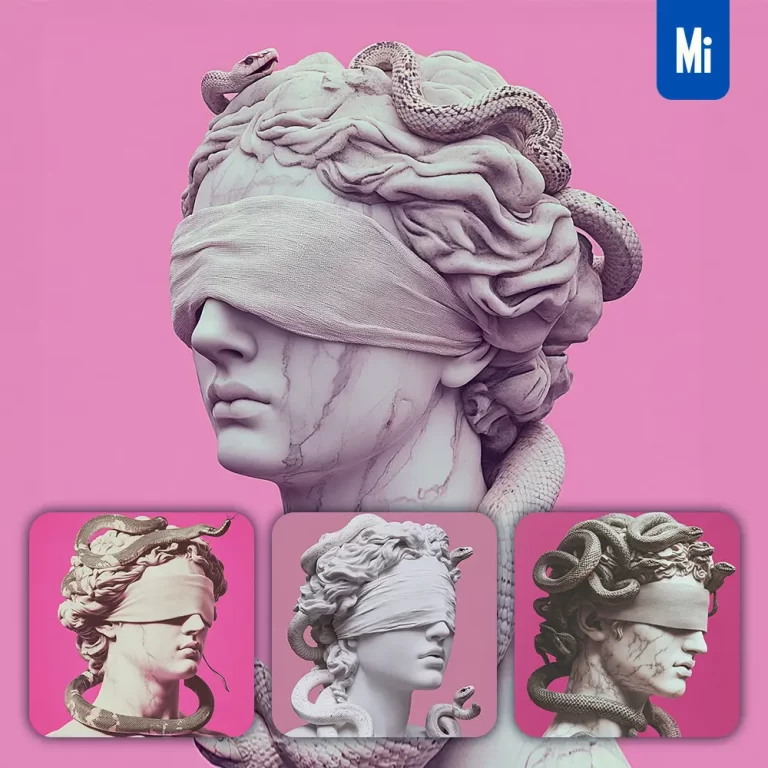 midjourney prompt head woman blindfold eyes Medusa statue art pink snake
