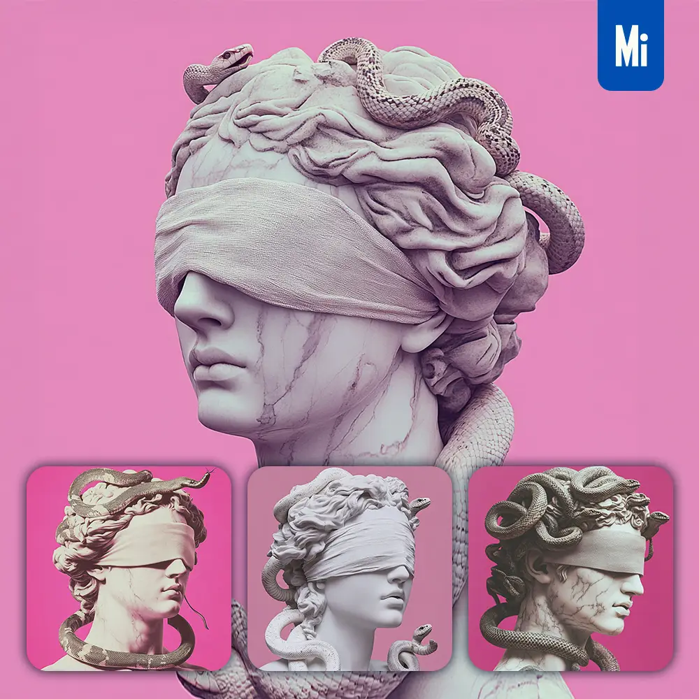 midjourney prompt head woman blindfold eyes Medusa statue art pink snake