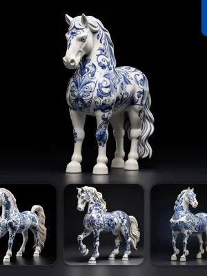 Midjourney Prompt Horse Porcelain Blue Animals Chinese China Pattern 3d