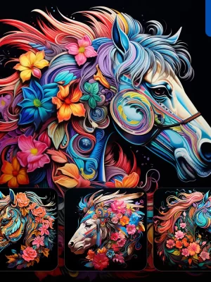 Midjourney Prompt Horse Side Flowers Head Face Artist Neon Colorful Painting Illustration Tattoo Pattern