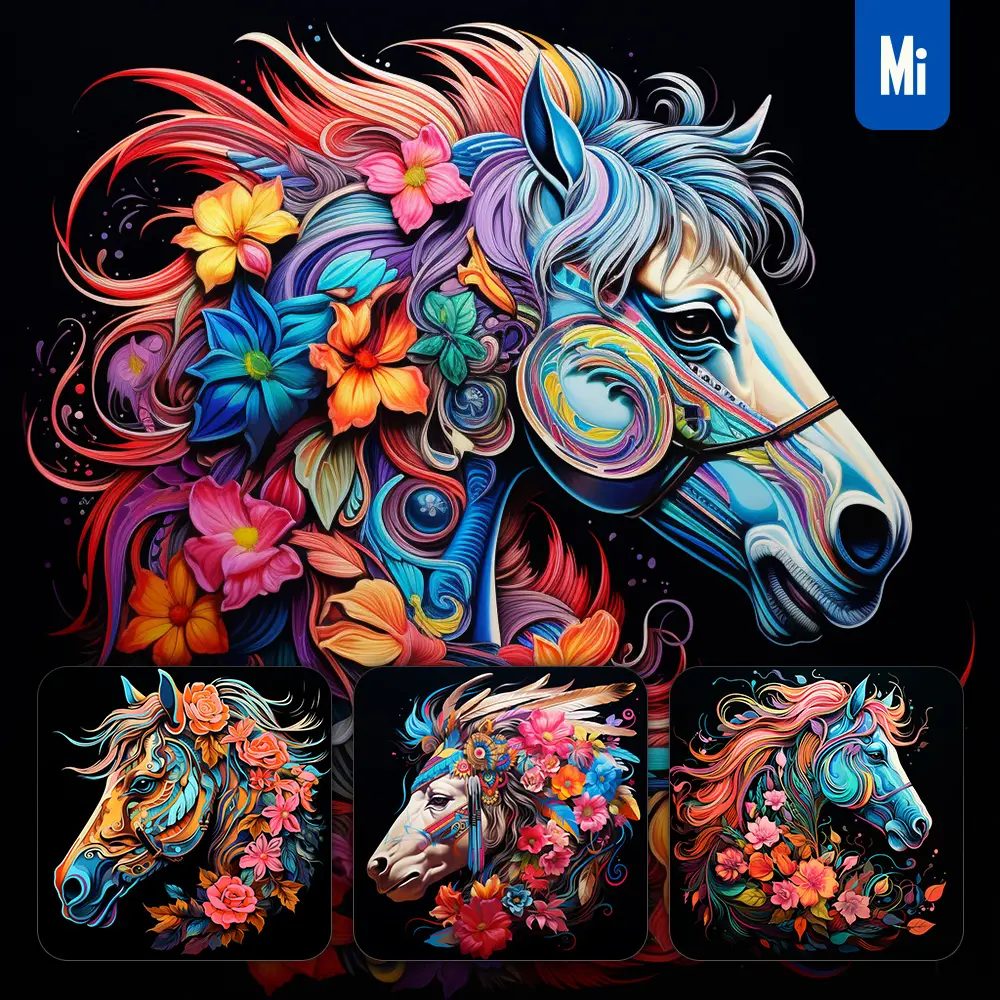 Midjourney Prompt Horse Side Flowers Head Face Artist Neon Colorful Painting Illustration Tattoo Pattern