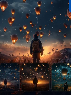 Midjourney Prompt Hot Air Balloon Sky Dark Water Float Science Fiction 3d Photography