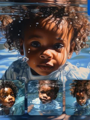 Midjourney Prompt Infant Little African Baby Diving Swimming Underwater Sea Face Oil Painting