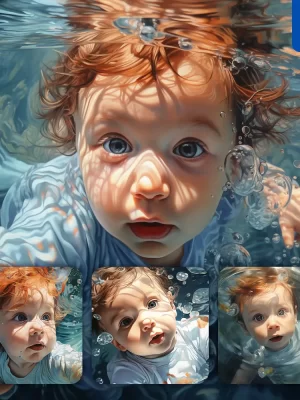 Midjourney Prompt Infant Little Baby Diving Swimming Underwater Sea Face Oil Painting