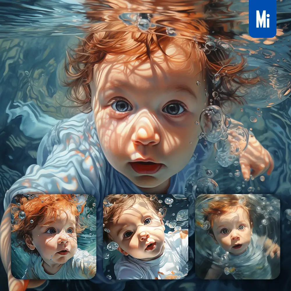 Midjourney Prompt Infant Little Baby Diving Swimming Underwater Sea Face Oil Painting