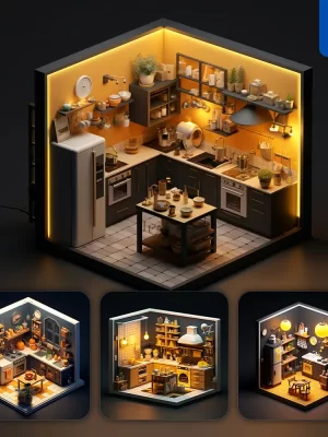 Midjourney Prompt Kitchen Indoor Home Scene Space 3d Isometric Model