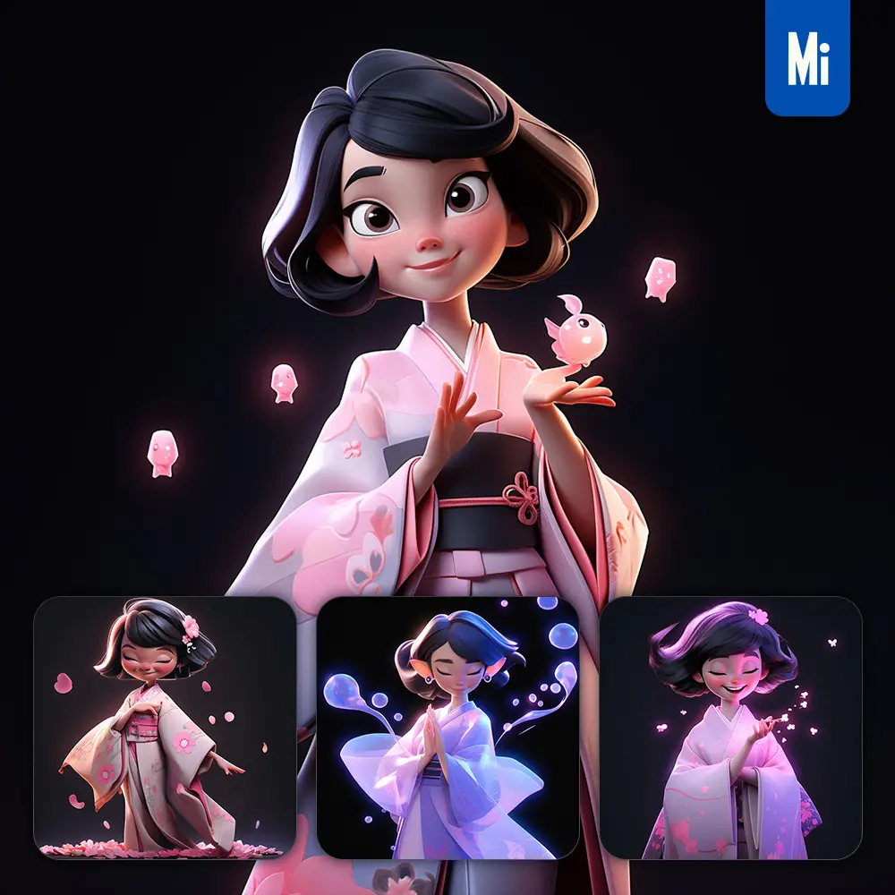 midjourney prompt lady woman girl cute 3D cartoon IP character C4D animation