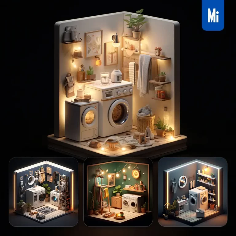 midjourney prompt laundry room washing machine indoor home scene space 3D isometric model
