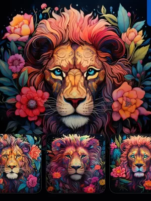 Midjourney Prompt Lion Front Head Face Flowers Artist Colorful Painting Illustration Tattoo Pattern