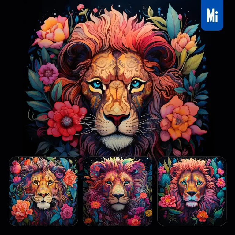 midjourney prompt lion front head face flowers artist colorful painting illustration tattoo pattern