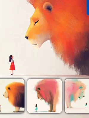 Midjourney Prompt Lion Girl Colorful Ink Painting Cute Illustration