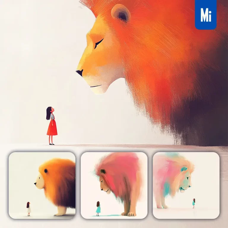 midjourney prompt lion girl colorful ink painting cute illustration