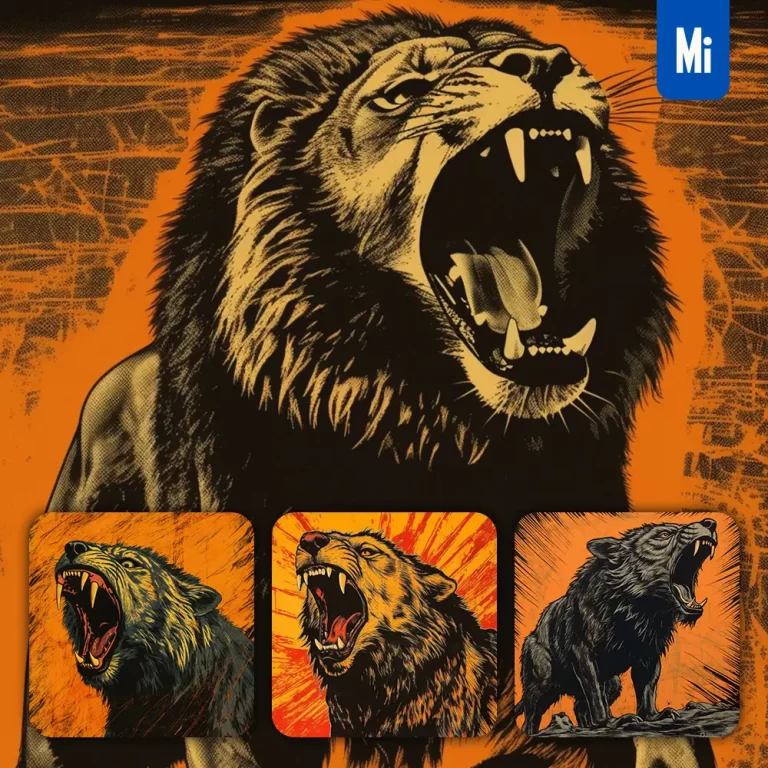 midjourney prompt lion woodprint screaming shout black orange woodcut print engraving