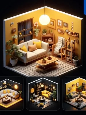 Midjourney Prompt Livingroom Sofa Indoor Home Scene Space 3d Isometric Model