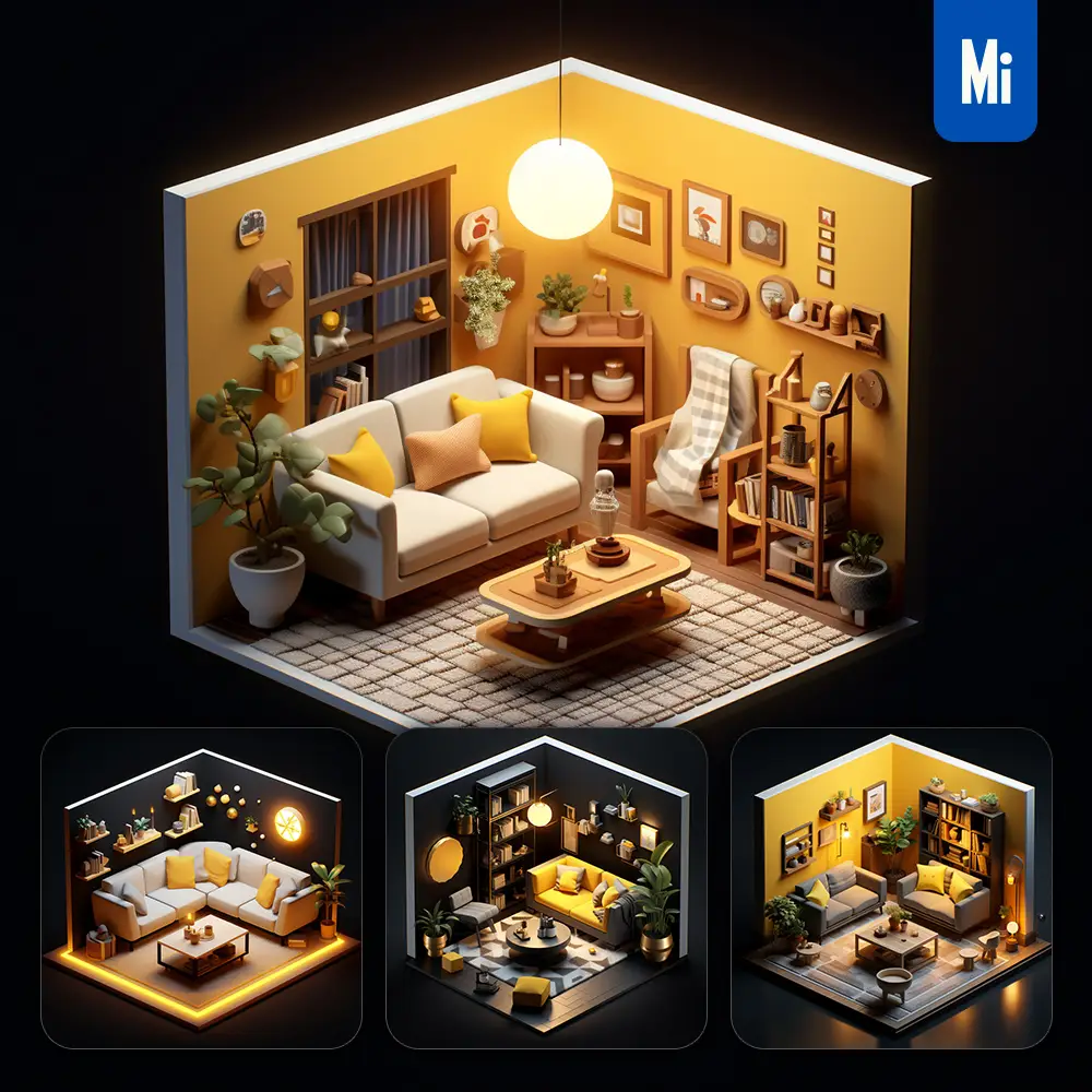 Midjourney Prompt Livingroom Sofa Indoor Home Scene Space 3d Isometric Model