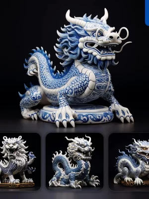 Midjourney Prompt Loong Dragon Porcelain Blue Animals Chinese China Pattern 3d