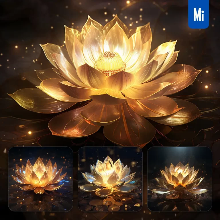 midjourney prompt lotus light flower golden sparkling lighting material 3D