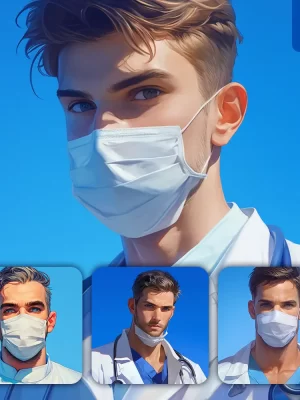 Midjourney Prompt Man Boy Male Coat Mask Doctor Dentist Portrait Cartoon Painting