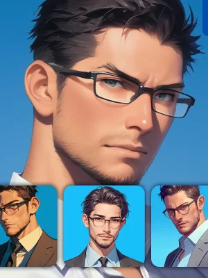 Midjourney Prompt Man Boy Male Suit Business Professional Glasses Portrait Cartoon Painting