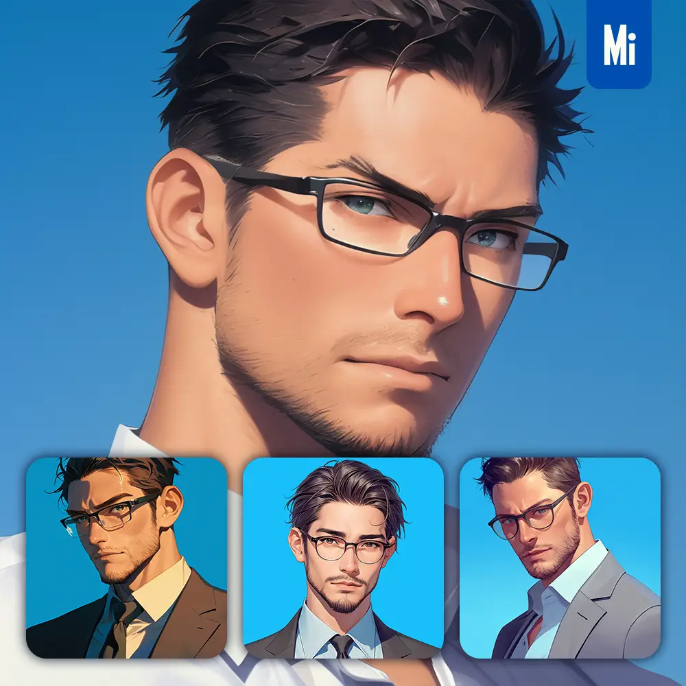 midjourney prompt man boy male suit business professional glasses portrait cartoon painting
