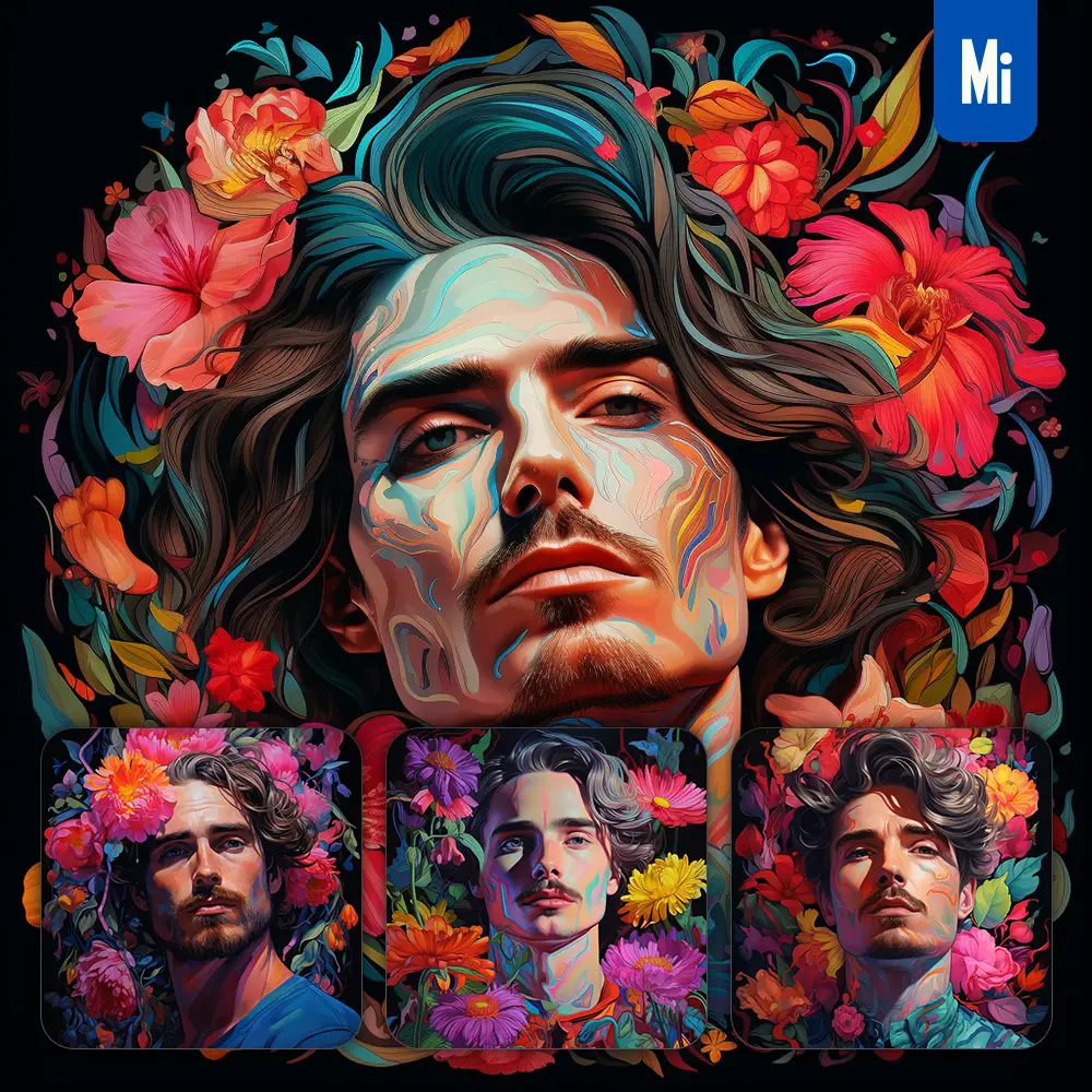 midjourney prompt man front head face flowers artist colorful painting illustration tattoo pattern