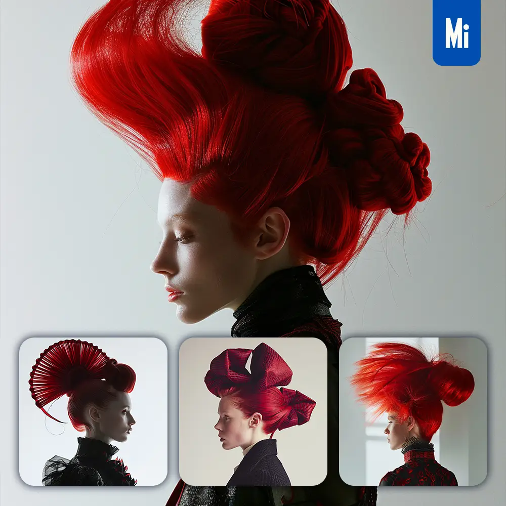midjourney prompt model woman lady theater exaggerated styling red hair style design fashion bun chignon photography