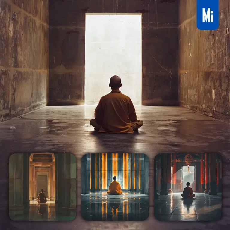 midjourney prompt monk meditating sitting Buddhist temple back photography