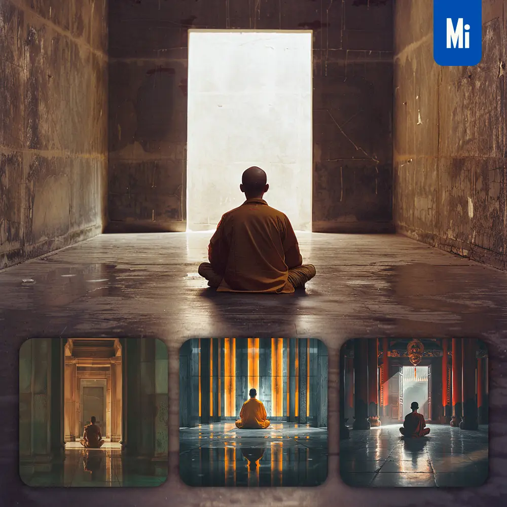 midjourney prompt monk meditating sitting Buddhist temple back photography