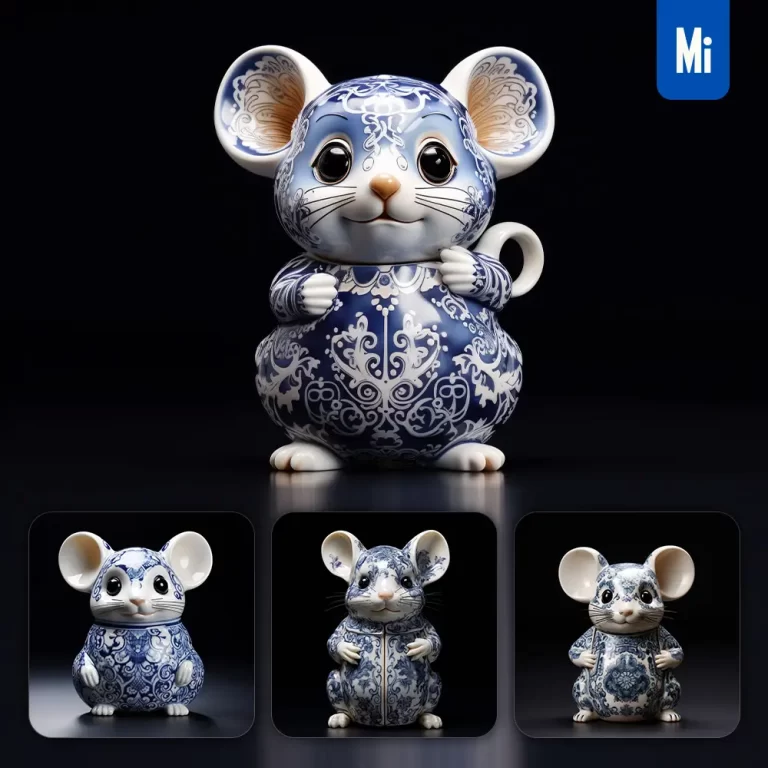 midjourney prompt mouse porcelain blue animals Chinese China pattern 3D