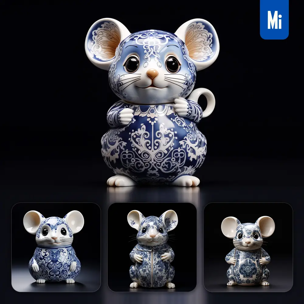 midjourney prompt mouse porcelain blue animals Chinese China pattern 3D