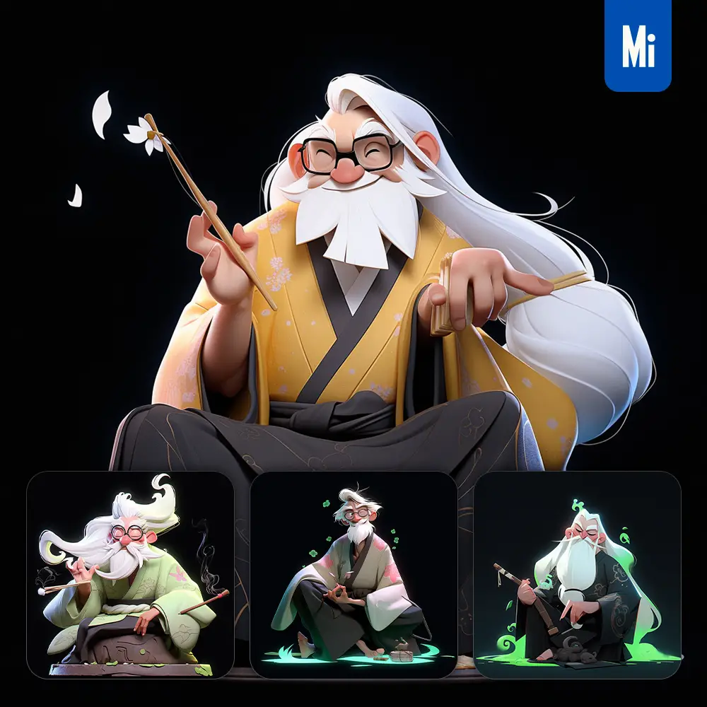 midjourney prompt old man calligrapher pen cute robe 3D cartoon IP character C4D animation