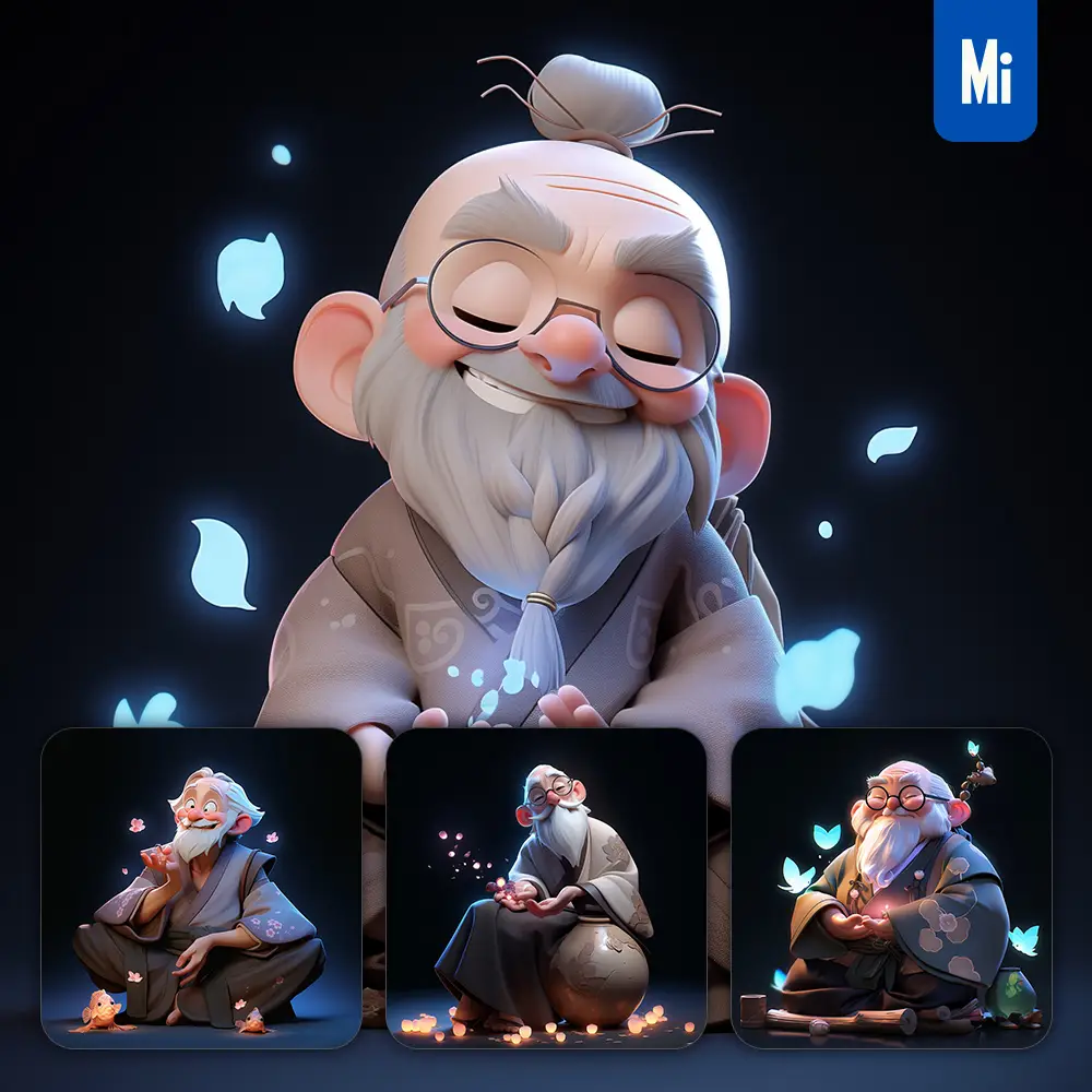 midjourney prompt old man grandfather grandpa cute 3D cartoon IP character C4D animation