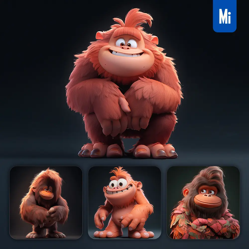 midjourney prompt orangutan cute 3D cartoon IP character C4D animation