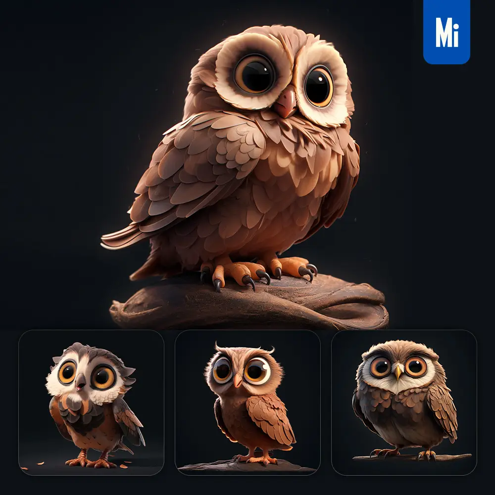 midjourney prompt owl cute 3D cartoon IP character C4D animation