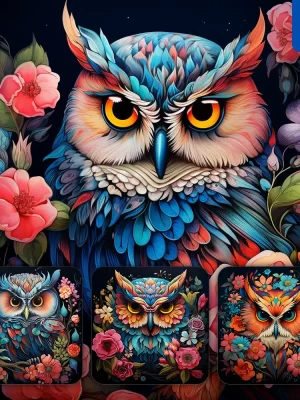 Midjourney Prompt Owl Front Head Face Flowers Artist Colorful Painting Illustration Tattoo Pattern
