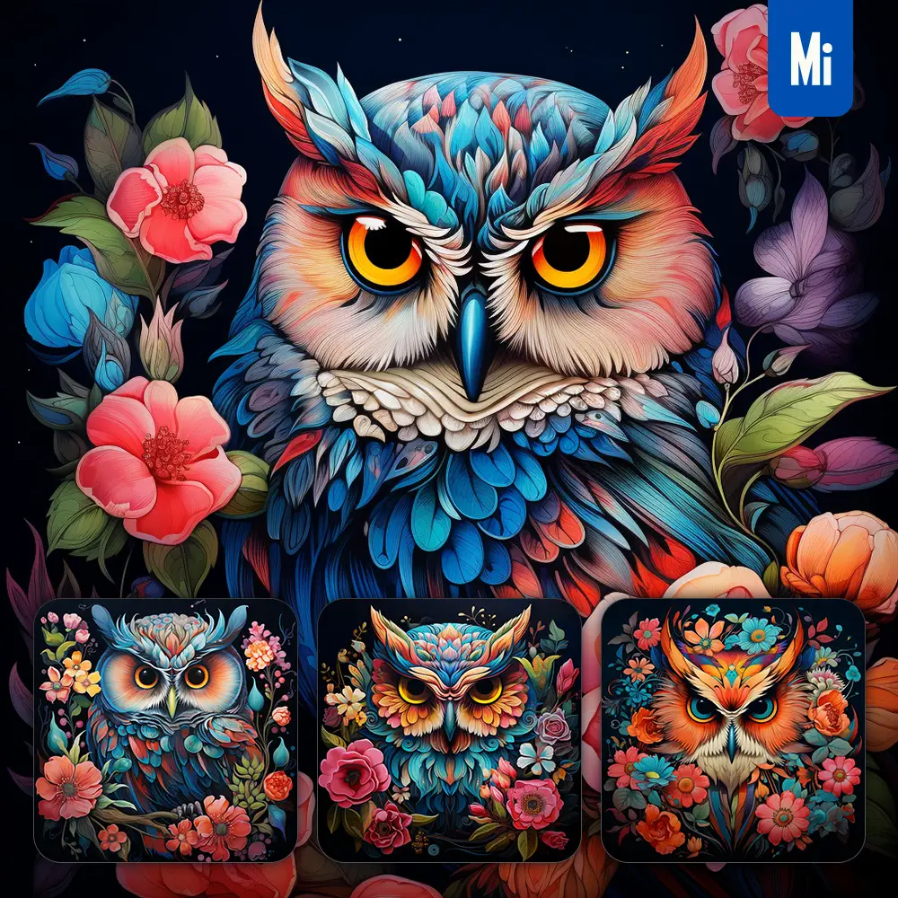 Midjourney Prompt Owl Front Head Face Flowers Artist Colorful Painting Illustration Tattoo Pattern