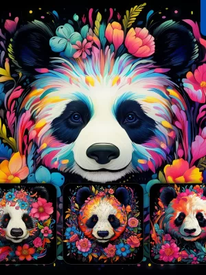 Midjourney Prompt Panda Flowers Head Face Artist Neon Colorful Painting Illustration